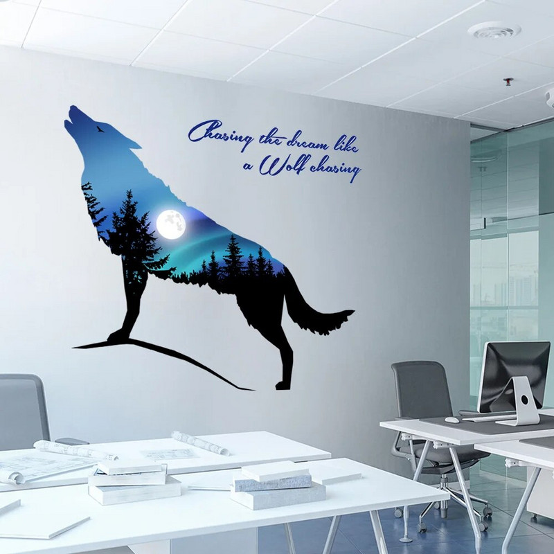 Zilais vilks gaudo naktī Spilgts mēness mežs kalns sienas uzlīme Dzīvojamās istabas bērnu istabas fona noformējums dekors plakāts