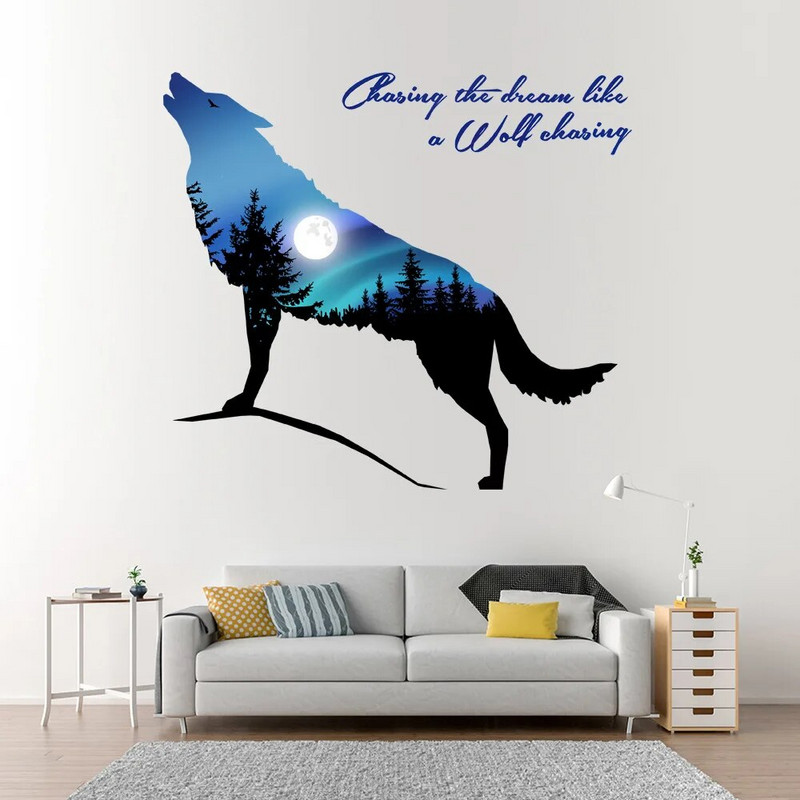 Zilais vilks gaudo naktī Spilgts mēness mežs kalns sienas uzlīme Dzīvojamās istabas bērnu istabas fona noformējums dekors plakāts