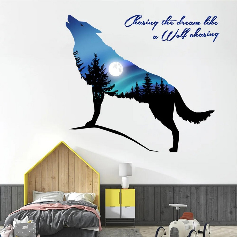 Zilais vilks gaudo naktī Spilgts mēness mežs kalns sienas uzlīme Dzīvojamās istabas bērnu istabas fona noformējums dekors plakāts