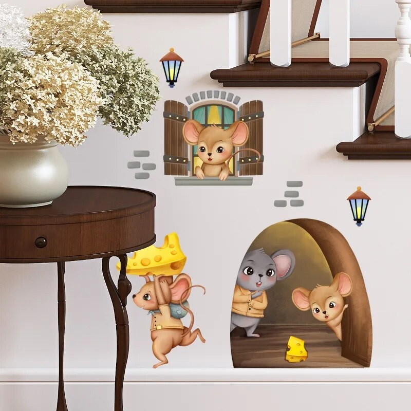Peles lasīšanas sienas uzlīmes Funny Mouse Hole tapetes bērnu istabai Guļamistabas stūra kāpnes PVC noņemamas uzlīmes 1 gab. Telpas dekors
