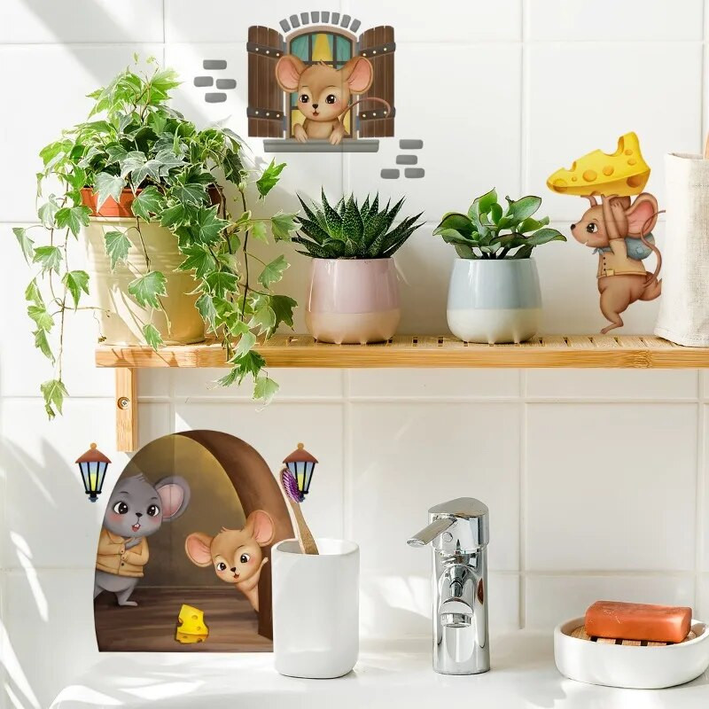 Peles lasīšanas sienas uzlīmes Funny Mouse Hole tapetes bērnu istabai Guļamistabas stūra kāpnes PVC noņemamas uzlīmes 1 gab. Telpas dekors