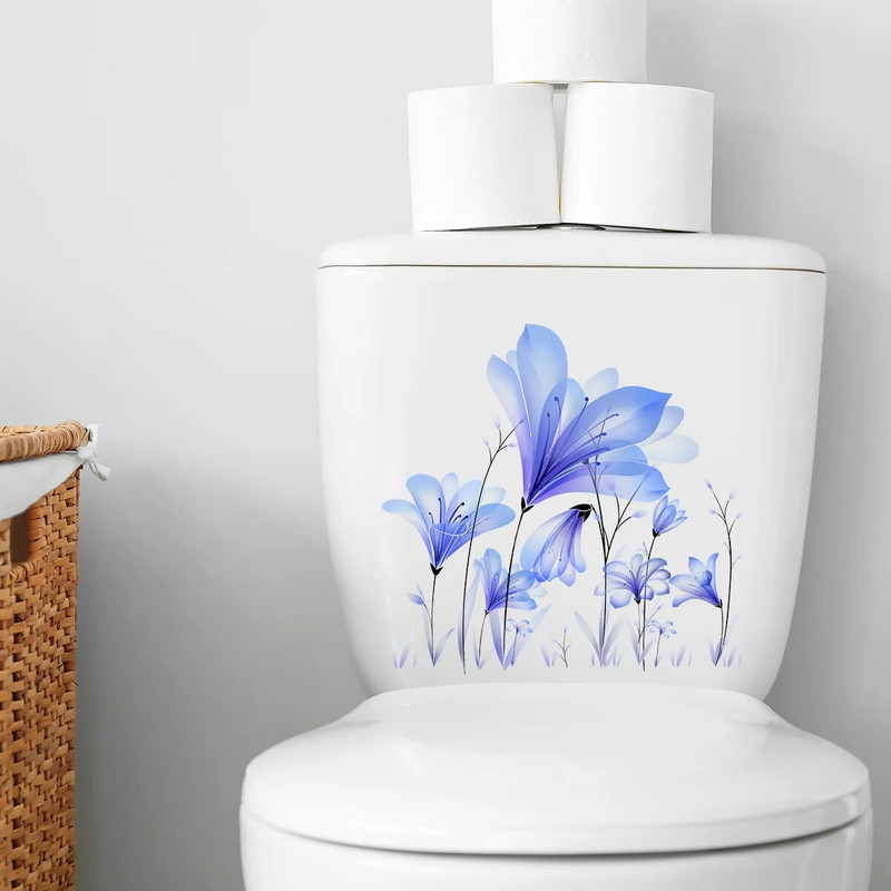 1 gab Blue Flowers sienas uzlīmes Dekorācijas tualetes uzlīmes WC pašlīmējošās tapetes sienas sienas tualetes vāka sēdekļu uzlīmes