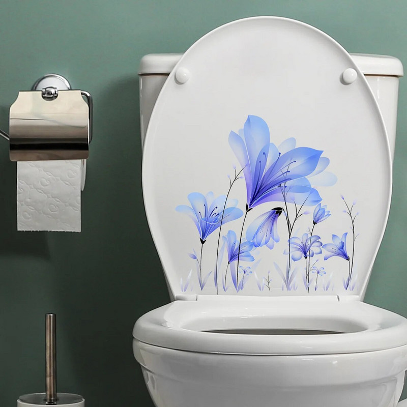 1 gab Blue Flowers sienas uzlīmes Dekorācijas tualetes uzlīmes WC pašlīmējošās tapetes sienas sienas tualetes vāka sēdekļu uzlīmes