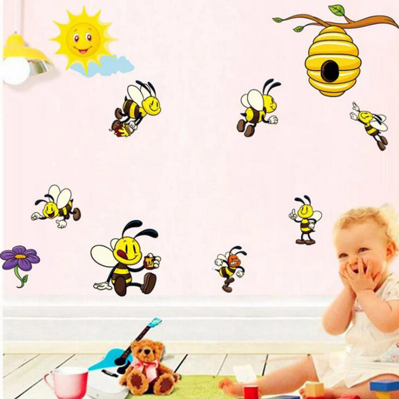 Sun Little Bee Sienas uzlīme DIY karikatūra Mājas noformējuma tapetes Sienas gleznojums Pegatinas De Pared Mājas dekorēšanas piederumi