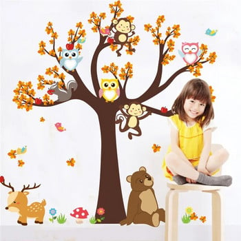 Forest Tree Branch leaf Animal Cartoon Owl Monkey Bear Deer Стикери за стена за детски стаи, момчета, момичета, деца, спалня, домашен декор