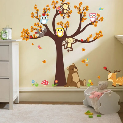 Forest Tree Branch leaf Animal Cartoon Owl Monkey Bear Deer Стикери за стена за детски стаи, момчета, момичета, деца, спалня, домашен декор