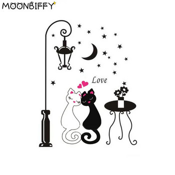 DIY Cute Love Couple Cats Lamp Street Lamp Moon Night Plane Αυτοκόλλητο τοίχου Διακόσμηση για παιδικό δωμάτιο Διακόσμηση σπιτιού Αφαιρούμενο τοίχου PVC