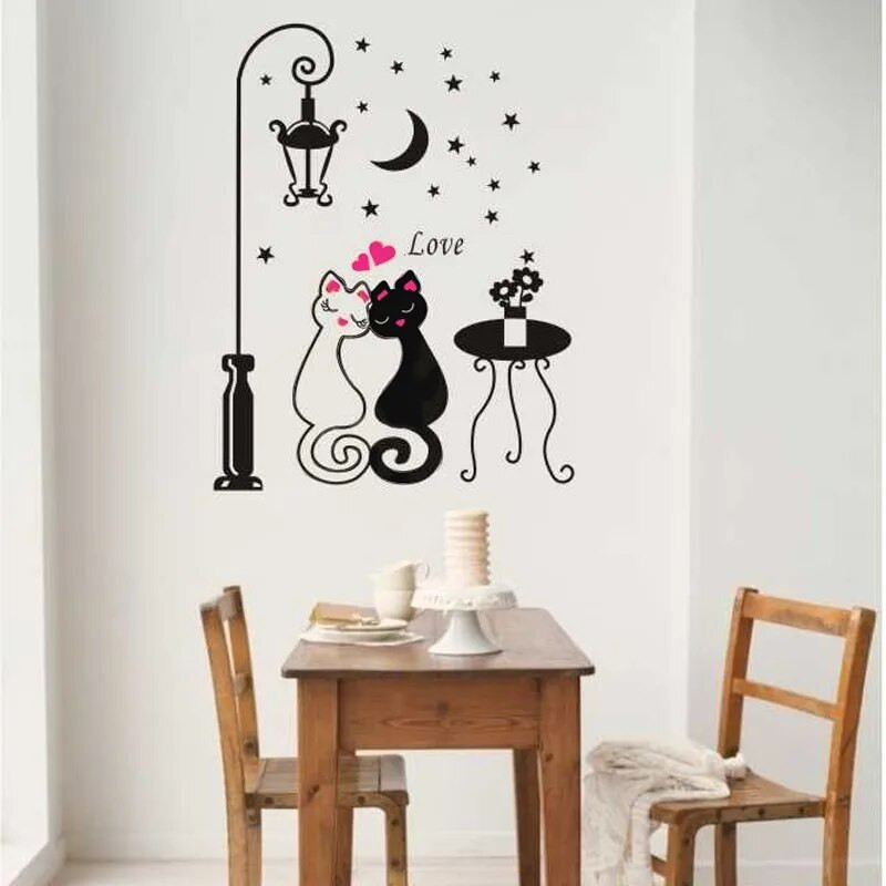 DIY Cute Love Couple Kaķi Ielu lampa Mēness Nakts Lidmašīna Sienas Uzlīmes Dekorācija Bērnu istabai Mājas Dekors Noņemama Sienas Māksla PVC