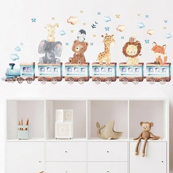Стикери за стена за бебешка стая Карикатура Влак с животни Слон Жираф Стикери за стена за детска стая Детска стая Стикери за спалня Тапети