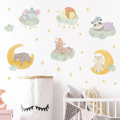 Combinație de animale din desene animate nori Luna stele dormite Autocolante decorative de perete pentru camera copiilor Decor autoadeziv pentru casă