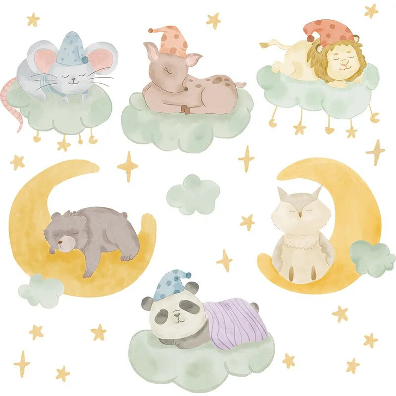 Multeņu dzīvnieku kombinācija mākoņi Mēness guļ zvaigznes Bērnu istabas dekoratīvās sienas uzlīmes pašlīmējošās mājas dekorācijas