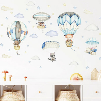 Анимационни стикери за стени с животни Панда лисици върху балон с горещ въздух Стикери за стена за детска стая Стикери за детска стая за момче Домашен декор