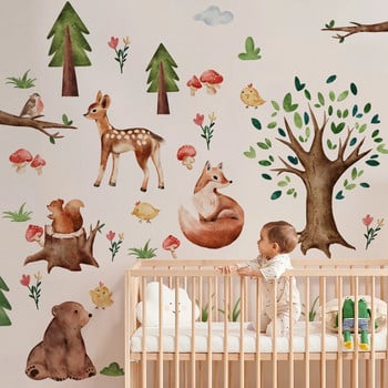 Анимационни стикери за стена с животни за детска стая Декор на детска стая с голям размер Мечка Лисица Дърво Стикери за стена Тапети за детска градина