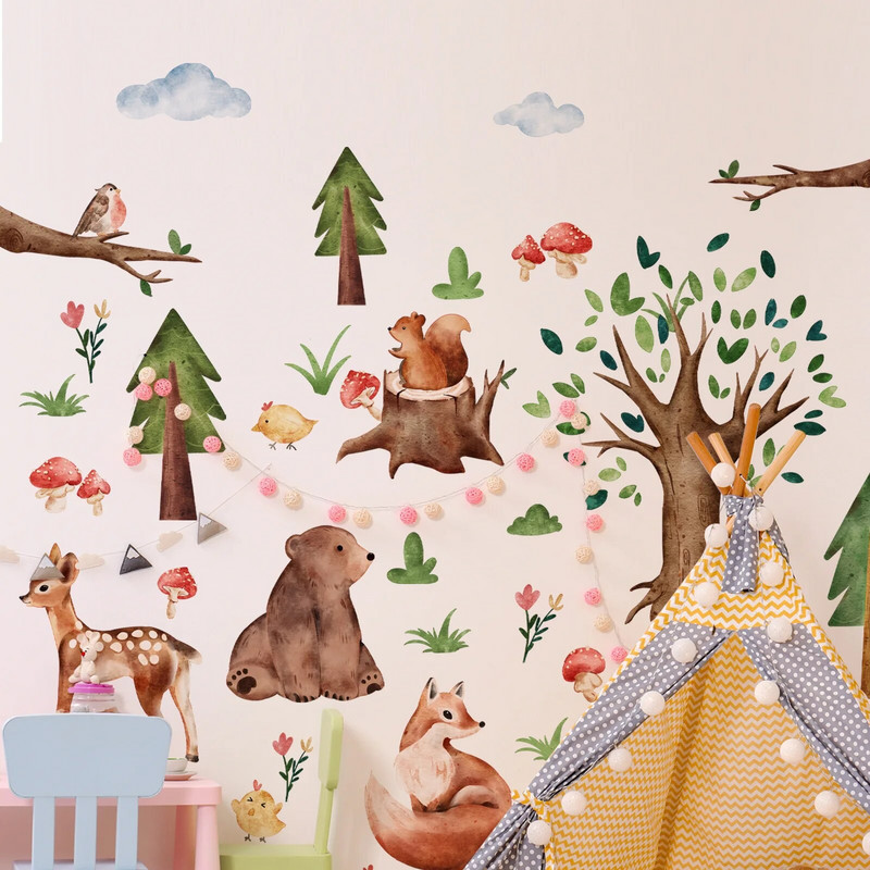 Zidne naljepnice sa životinjama iz crtića za dječju sobu Dekor dječje sobe Veliki medvjed Lisica Drvo Zidne naljepnice Tapeta za vrtić