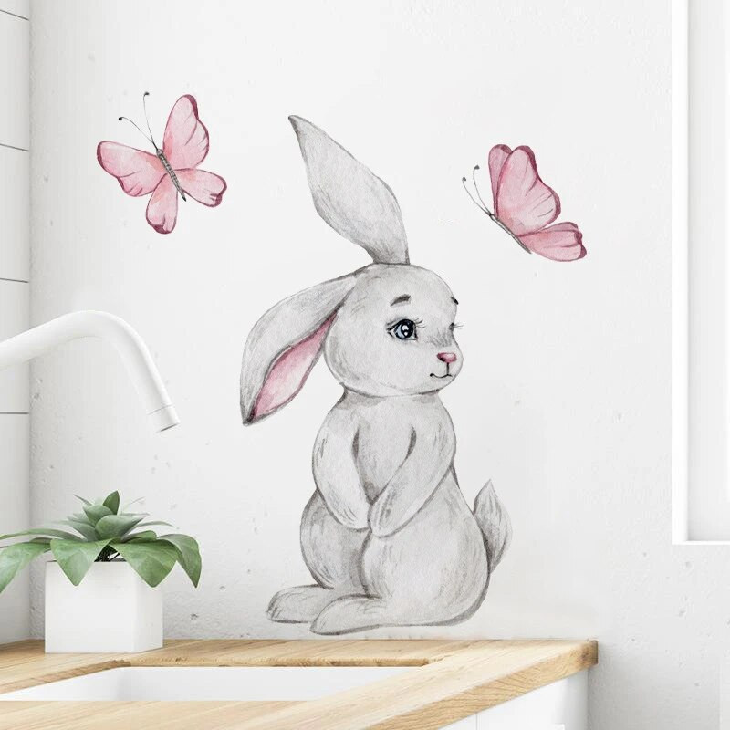 Karikatūra Bunny Butterfly Sienas Uzlīmes Bērnu Bērnu istabas Sienas Uzlīmes Bērniem Dzīvojamās istabas Guļamistabas Sienu dekors Trušu uzlīmes PVC