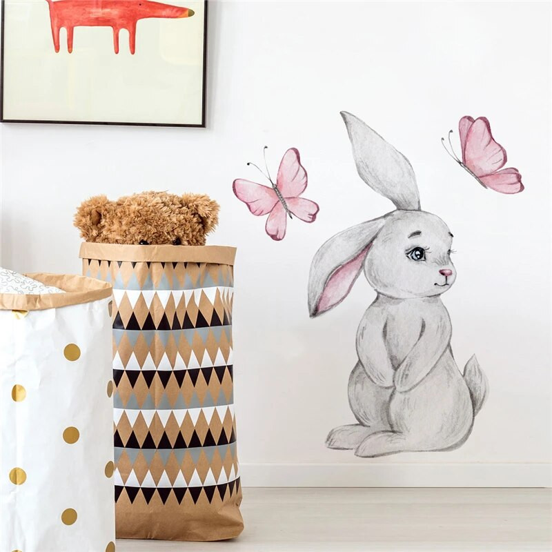 Karikatūra Bunny Butterfly Sienas Uzlīmes Bērnu Bērnu istabas Sienas Uzlīmes Bērniem Dzīvojamās istabas Guļamistabas Sienu dekors Trušu uzlīmes PVC