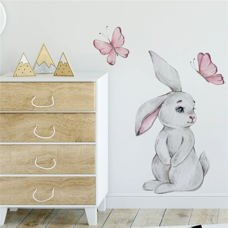 Karikatūra Bunny Butterfly Sienas Uzlīmes Bērnu Bērnu istabas Sienas Uzlīmes Bērniem Dzīvojamās istabas Guļamistabas Sienu dekors Trušu uzlīmes PVC
