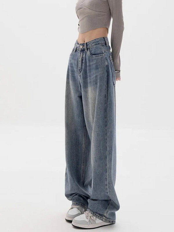 Baggy Jeans Moteriški džinsai aukštu liemeniu Džinsinės plačios kelnės Šviesiai mėlynos laisvos kelnės 2023 m. Korėjos laisvalaikio gatvės apranga Y2K mada