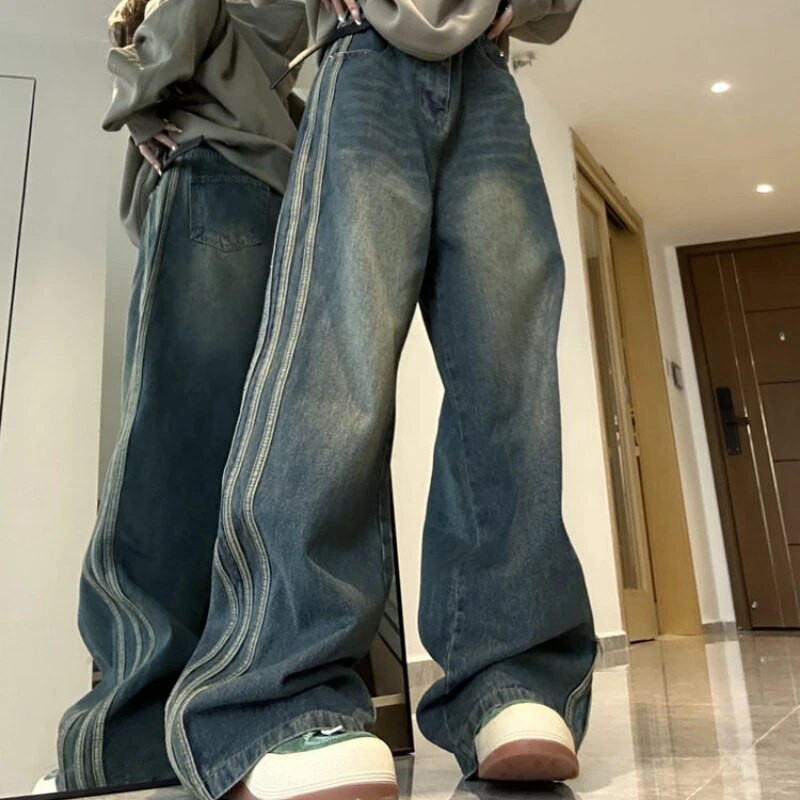 Modes sānu svītru dizains sieviešu džinsi ar mikro uzplaiksnījumu 2022 rudens un ziemas ar augstu vidukli, brīvi, slaidi, plati kāju džinsi