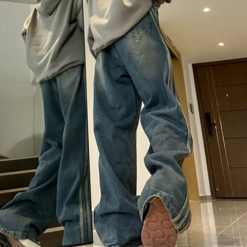 Modes sānu svītru dizains sieviešu džinsi ar mikro uzplaiksnījumu 2022 rudens un ziemas ar augstu vidukli, brīvi, slaidi, plati kāju džinsi