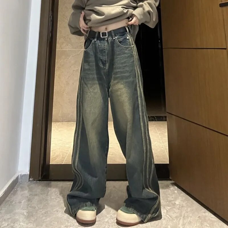 Modes sānu svītru dizains sieviešu džinsi ar mikro uzplaiksnījumu 2022 rudens un ziemas ar augstu vidukli, brīvi, slaidi, plati kāju džinsi