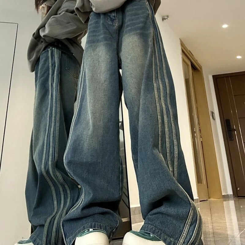 Modes sānu svītru dizains sieviešu džinsi ar mikro uzplaiksnījumu 2022 rudens un ziemas ar augstu vidukli, brīvi, slaidi, plati kāju džinsi
