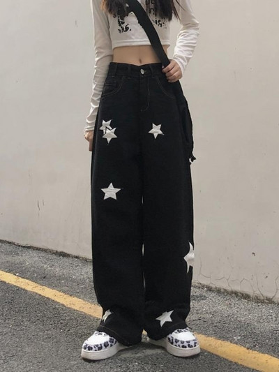 HOUZHOU Y2K Retro Streetwear Melni Cargo Džinsi Sievietēm Gothic Punk Vintage Kpop Print Platas Džinsu Bikses Sieviešu rudens bikses