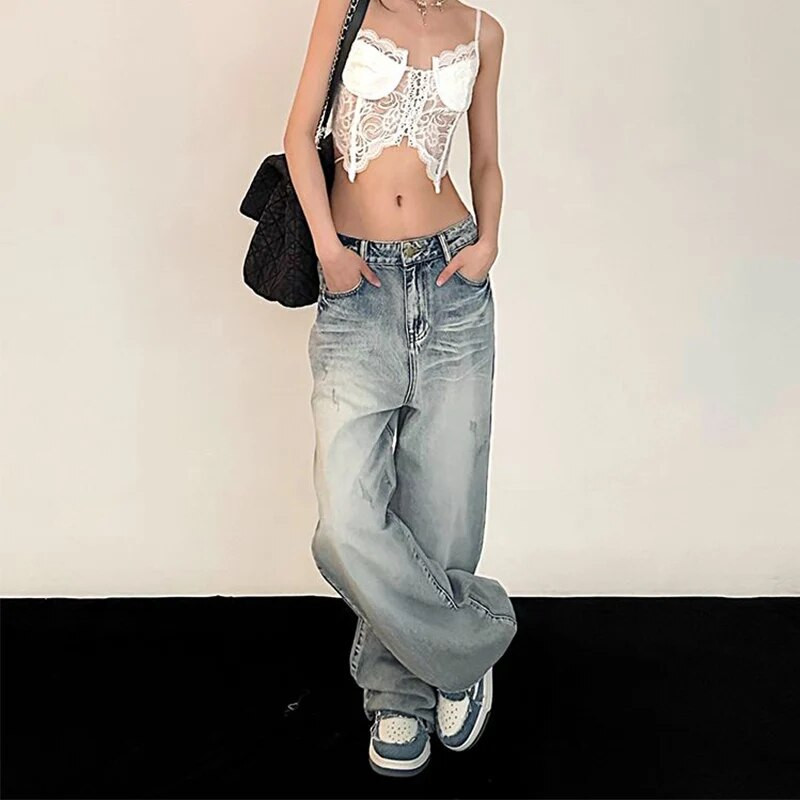 Y2K Retro Baggy Džinsi Sievietēm Vintage Street Wear Lielizmēra Džinsu Bikses Izdilis Hipija Taisnas Platas Bikses Korejas stilā