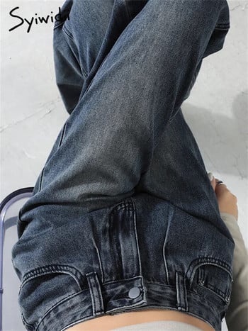 Syiwidii Velvet Thicken Blue Jeans για γυναίκες 2023 Νέα μόδα vintage ψηλόμεσο τζιν Casual Loose ίσιο φαρδύ τζιν