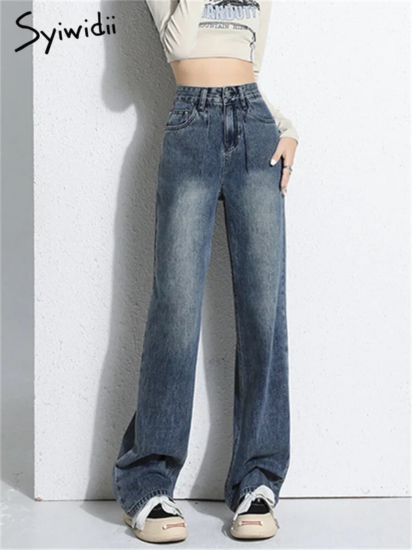 „Syiwidii Velvet Thicken Blue“ džinsai moterims, 2023 m. naujos mados vintažiniai džinsai aukštu liemeniu, laisvalaikio laisvi, tiesūs plačių kojų džinsai