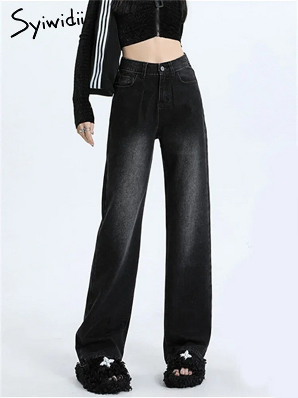 „Syiwidii Velvet Thicken Blue“ džinsai moterims, 2023 m. naujos mados vintažiniai džinsai aukštu liemeniu, laisvalaikio laisvi, tiesūs plačių kojų džinsai