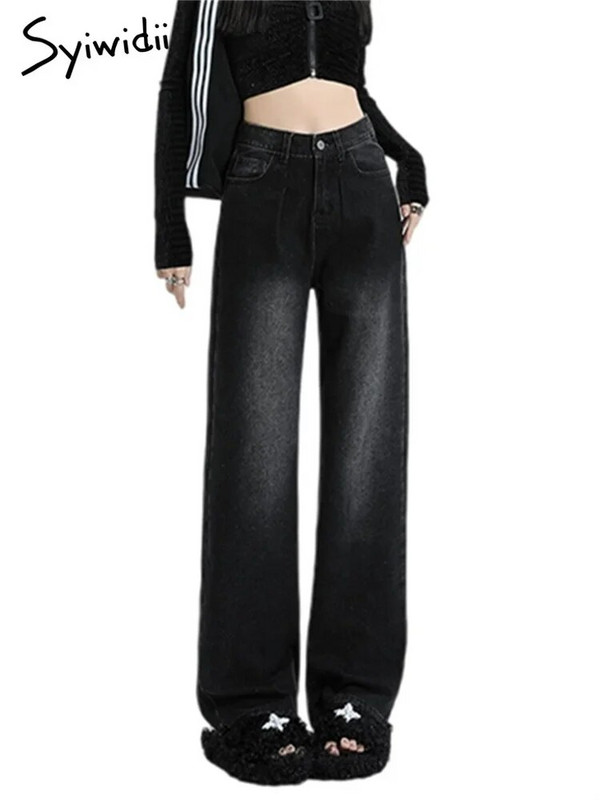 „Syiwidii Velvet Thicken Blue“ džinsai moterims, 2023 m. naujos mados vintažiniai džinsai aukštu liemeniu, laisvalaikio laisvi, tiesūs plačių kojų džinsai