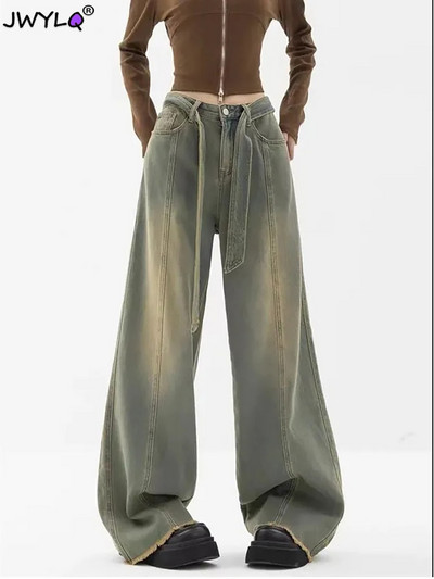 Y2k blugi vintage cu talie înaltă, îmbrăcăminte de stradă, pentru femei, cu centură, pantaloni largi, ocazional, pantaloni largi din denim, drepti