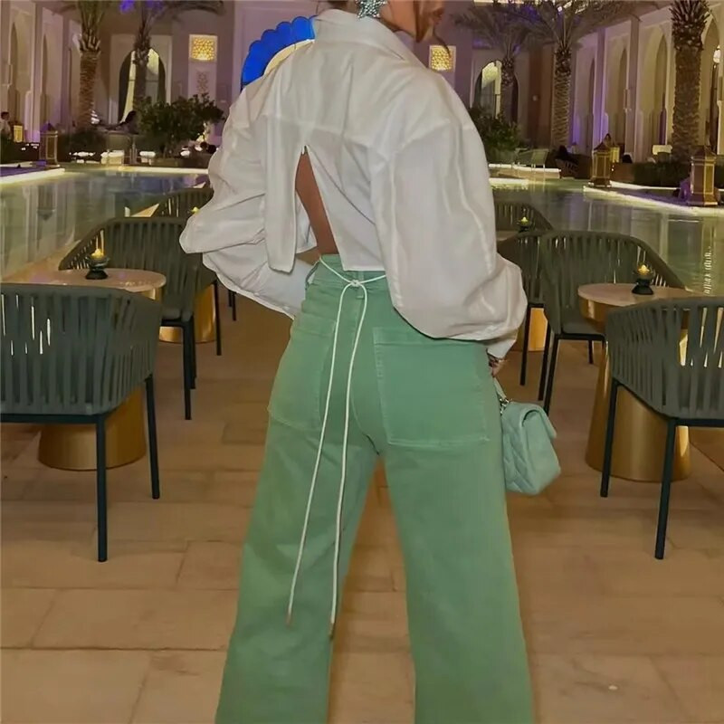 TRAF sieviešu džinsi ar augstu vidukli, platām kājām