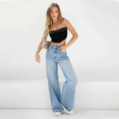 Elastic Fashion Jeans Ψηλόμεση Φαρδιά Άνετα Τζιν για Γυναικεία Παντελόνια Boyfriend Style Denim Παντελόνι