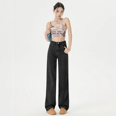 Tiesios kojos džinsai Vintage Y2k korėjietiški džinsai Moteris aukštu juosmeniu Moteriškos kelnės Moteriškos Moteriškos Džinsai Baggy Streetwear Drabužiai Drabužiai