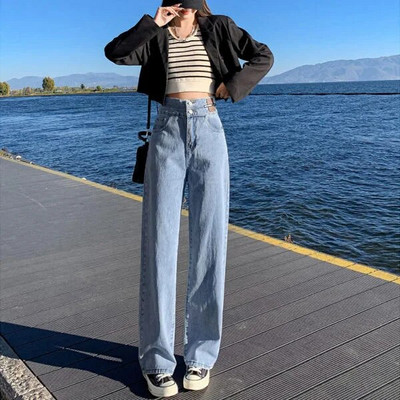Tiesios kojos džinsai Vintage Y2k korėjietiški džinsai Moteris aukštu juosmeniu Moteriškos kelnės Moteriškos Moteriškos Džinsai Baggy Streetwear Drabužiai Drabužiai