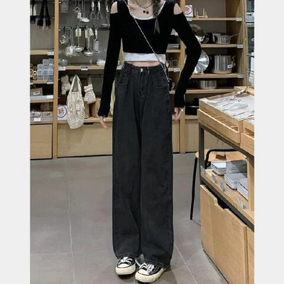 Tiesios kojos džinsai Vintage Y2k korėjietiški džinsai Moteris aukštu juosmeniu Moteriškos kelnės Moteriškos Moteriškos Džinsai Baggy Streetwear Drabužiai Drabužiai