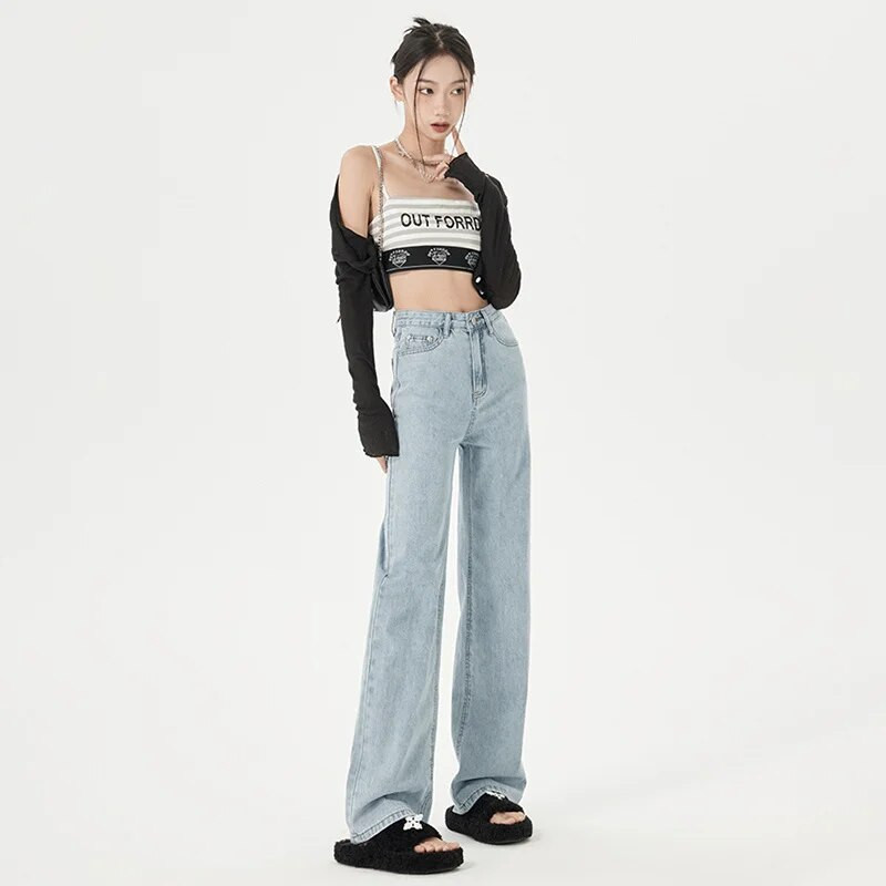 Tiesios kojos džinsai Vintage Y2k korėjietiški džinsai Moteris aukštu juosmeniu Moteriškos kelnės Moteriškos Moteriškos Džinsai Baggy Streetwear Drabužiai Drabužiai