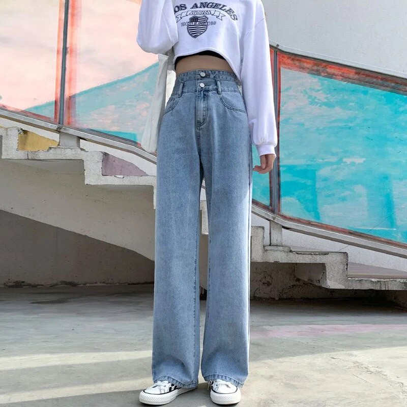 Tiesios kojos džinsai Vintage Y2k korėjietiški džinsai Moteris aukštu juosmeniu Moteriškos kelnės Moteriškos Moteriškos Džinsai Baggy Streetwear Drabužiai Drabužiai
