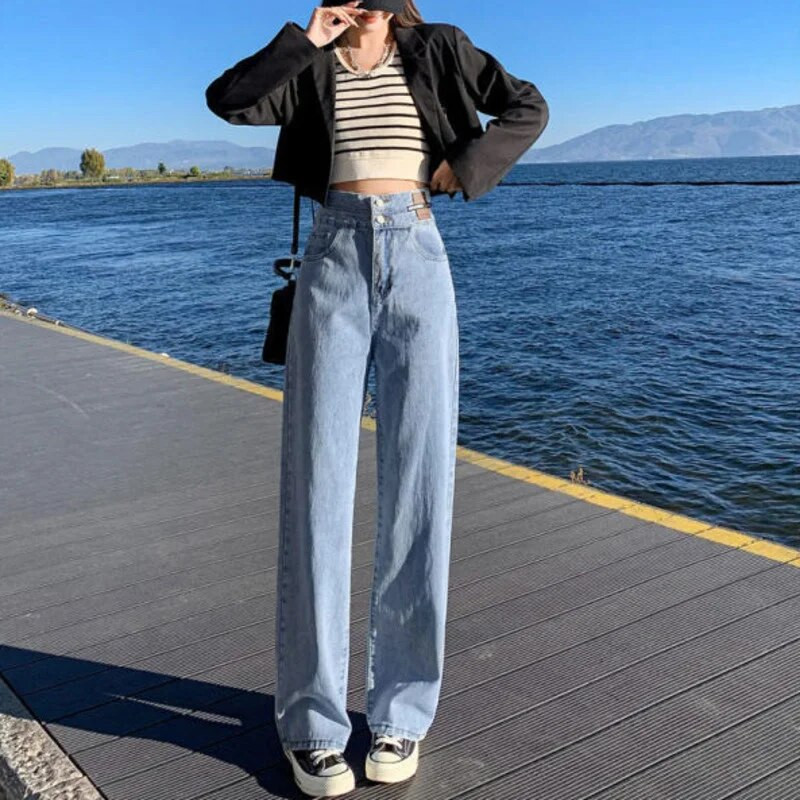 Tiesios kojos džinsai Vintage Y2k korėjietiški džinsai Moteris aukštu juosmeniu Moteriškos kelnės Moteriškos Moteriškos Džinsai Baggy Streetwear Drabužiai Drabužiai