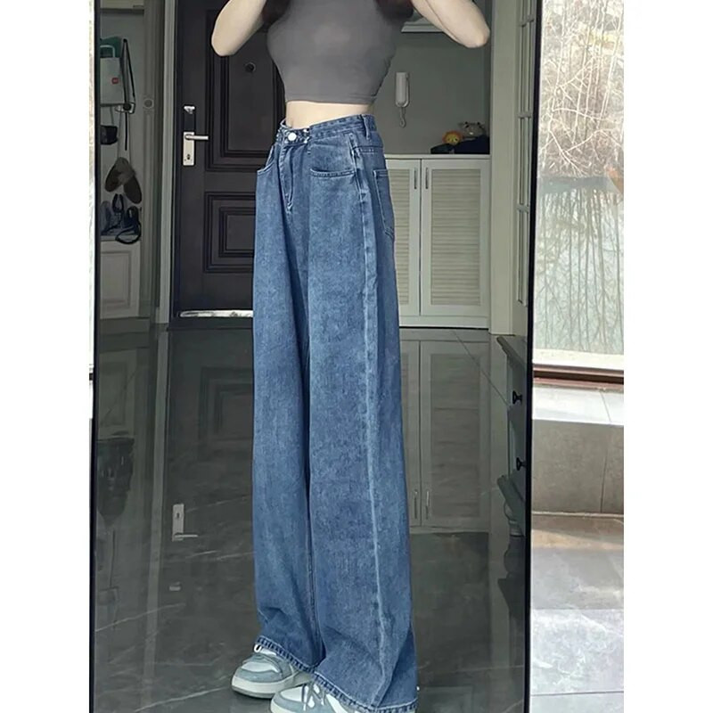 Tiesios kojos džinsai Vintage Y2k korėjietiški džinsai Moteris aukštu juosmeniu Moteriškos kelnės Moteriškos Moteriškos Džinsai Baggy Streetwear Drabužiai Drabužiai