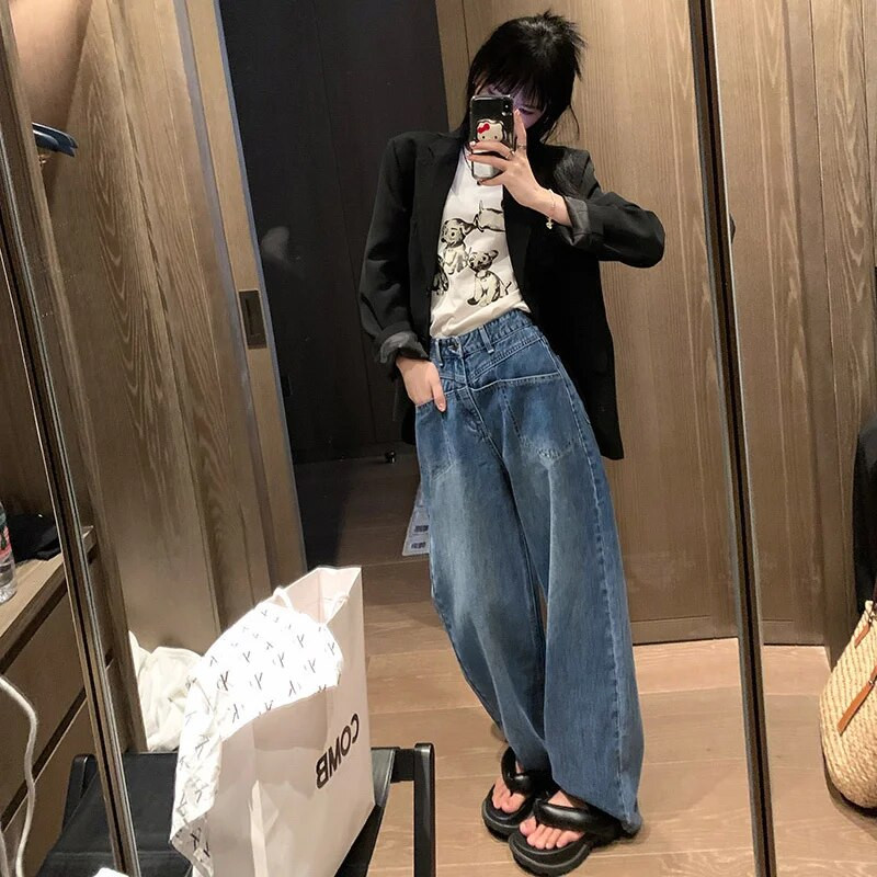 Tiesios kojos džinsai Vintage Y2k korėjietiški džinsai Moteris aukštu juosmeniu Moteriškos kelnės Moteriškos Moteriškos Džinsai Baggy Streetwear Drabužiai Drabužiai