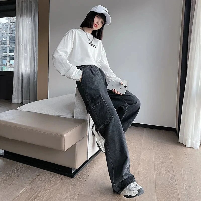 Lielizmēra 6XL džinsi ar augstu vidukli ar platām kājām Ikdienas Cargo Vaqueros korejiešu ielas apģērbs Taisnas džinsa bikses Sieviešu baggy bikses