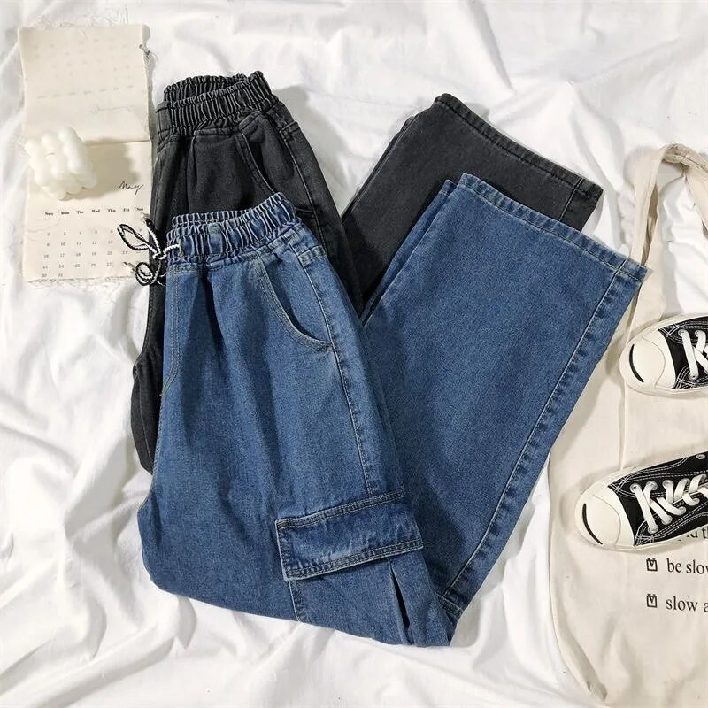 Lielizmēra 6XL džinsi ar augstu vidukli ar platām kājām Ikdienas Cargo Vaqueros korejiešu ielas apģērbs Taisnas džinsa bikses Sieviešu baggy bikses