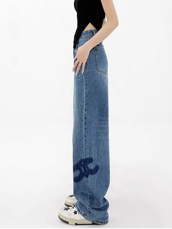 Mėlyni Streetwear džinsai plačios kelnės Moteriškos kelnės aukštu liemeniu Y2k Europe Fashion Boyfriend Laisvos džinsinės kelnės Moteriški džinsai