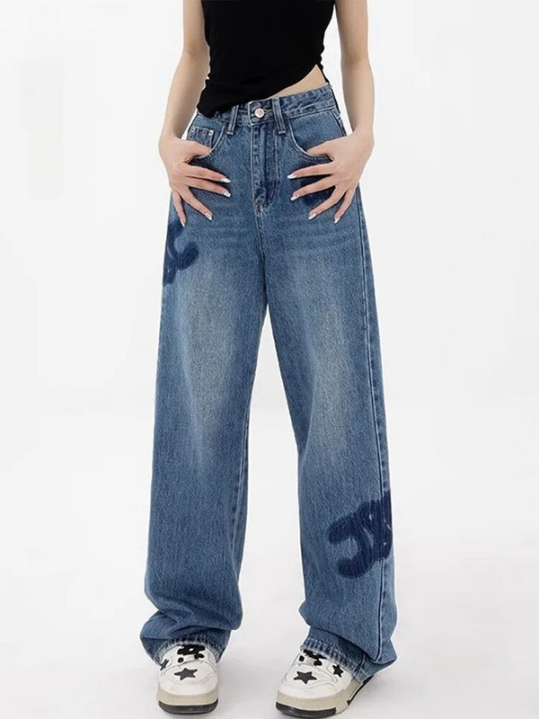 Mėlyni Streetwear džinsai plačios kelnės Moteriškos kelnės aukštu liemeniu Y2k Europe Fashion Boyfriend Laisvos džinsinės kelnės Moteriški džinsai