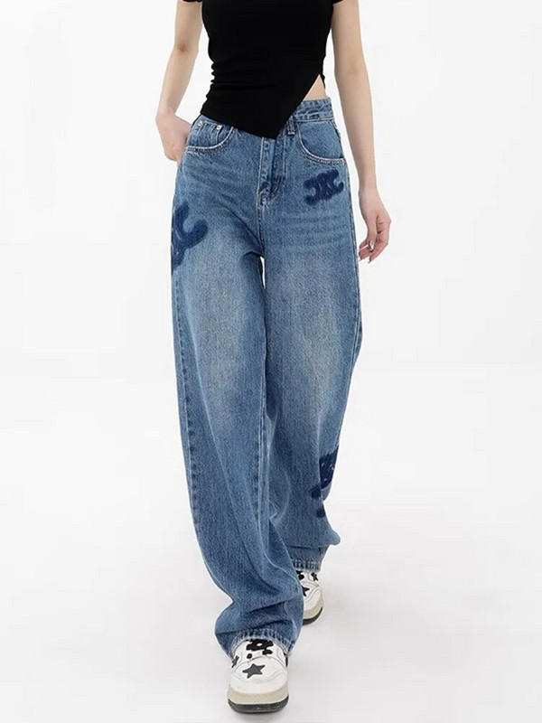 Mėlyni Streetwear džinsai plačios kelnės Moteriškos kelnės aukštu liemeniu Y2k Europe Fashion Boyfriend Laisvos džinsinės kelnės Moteriški džinsai