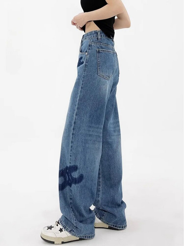 Mėlyni Streetwear džinsai plačios kelnės Moteriškos kelnės aukštu liemeniu Y2k Europe Fashion Boyfriend Laisvos džinsinės kelnės Moteriški džinsai