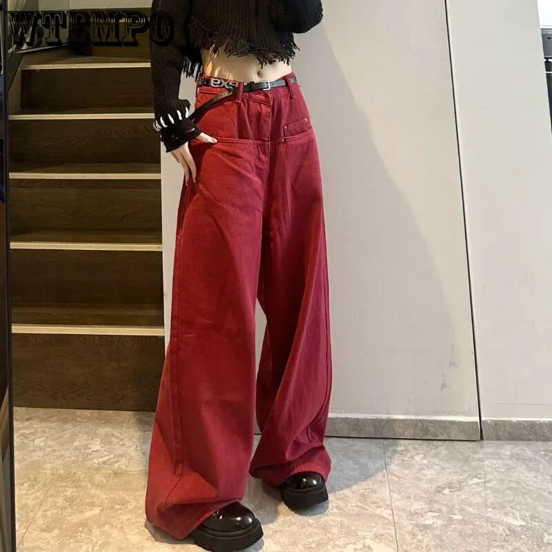 Y2k utcai viselet alkalmi divat, laza piros farmer női magas derekú széles szárú nadrág kényelmes farmer Anya nadrág hiphop ősz